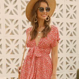 Plunging Neck Knot Front Ditsy Floral Dress